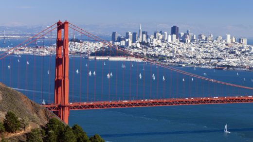 Golden Gate Bridge Side View and San Francisco City Skyline